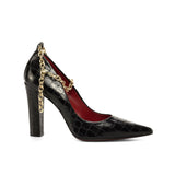 Figueres Pump in Black Croco Print Leather with Gold Metallic Chain