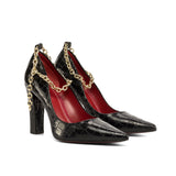 Figueres Pump in Black Croco Print Leather with Gold Metallic Chain