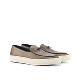 Gentlemen Barcelona Sneaker in Hand Painted Grey Calf Leather with Trim & Bow in Ocean Blue Nappa Leather
