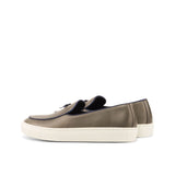 Gentlemen Barcelona Sneaker in Hand Painted Grey Calf Leather with Trim & Bow in Ocean Blue Nappa Leather