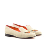 Ladies Vida Fácil Slip On in Ice Linen Fabric detailed with Trim Coral Grosgrain and Embroidery