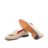 Ladies Vida Fácil Slip On in Ice Linen Fabric detailed with Trim Coral Grosgrain and Embroidery