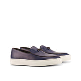 Gentlemen Barcelona Sneaker in Hand Painted Navy Blue Calf Leather with Trim & Bow in Nappa Leather