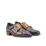 Gentlemen Double Monk in Hand Painted Purple & Burgundy & Cognac & Denim in Calf Leather with Goodyear Welt