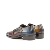 Gentlemen Double Monk in Hand Painted Purple & Burgundy & Cognac & Denim in Calf Leather with Goodyear Welt