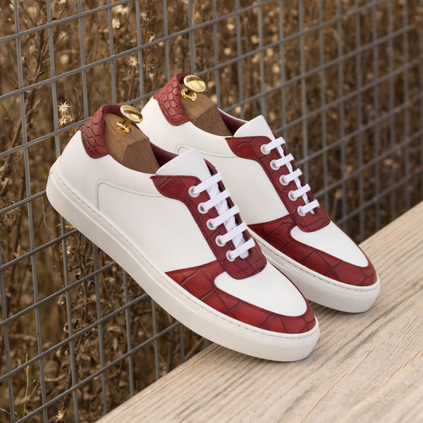 Gentlemen's & Young Adult - Activo Basico Sneaker - White Nappa Leather combined with Hand Painted Red Croco Embossed Calf Leather