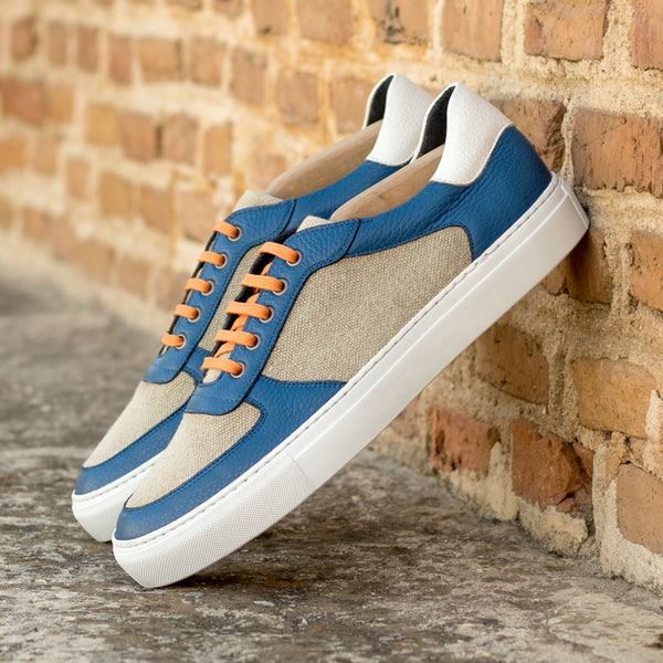 Gentlemen's & Young Adult - Activo Basico Sneaker - Hand Painted Blue & White Full Grain Calf Leather combined with Ice Linen