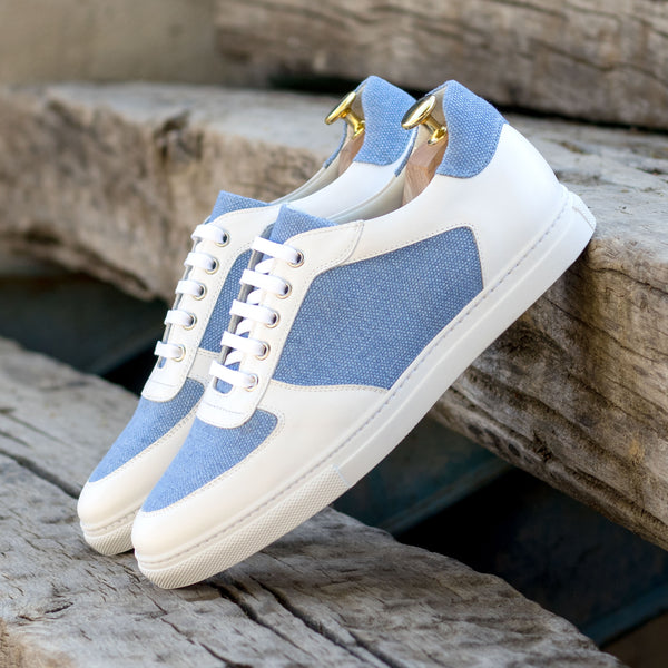 Gentlemen's & Young Adult - Activo Basico Sneaker - White Nappa Leather combined with Blue Linen