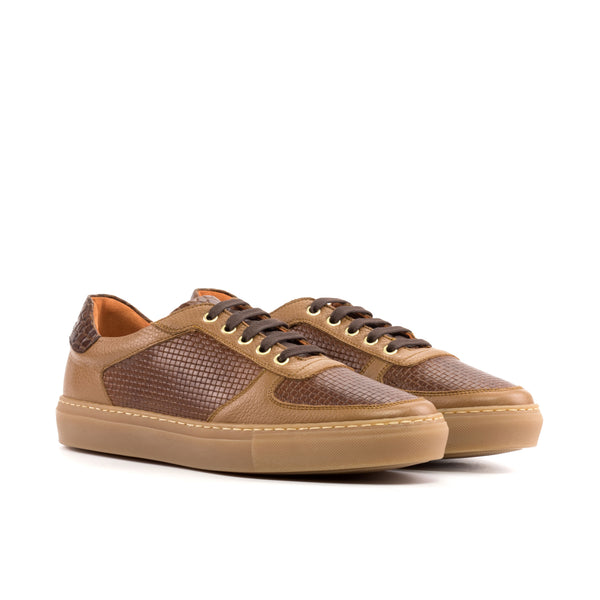 Gentlemen's & Young Adult - Activo Basico Sneaker - Hand Painted Medium Brown Full Grain & Wooven Embossed Calf Leather combined with Hand Painted Medium Brown Croco Embossed Calf Leather
