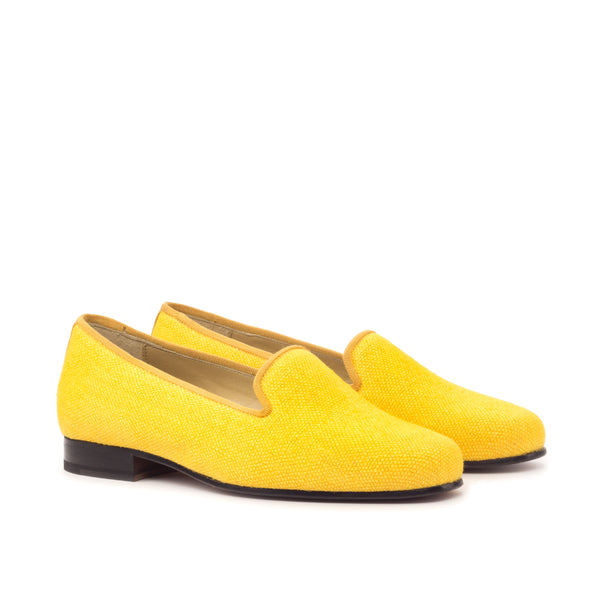 Ladies Rosa Slip On in Mustard Linen Fabric detailed with Trim in Gold colour Grosgrain