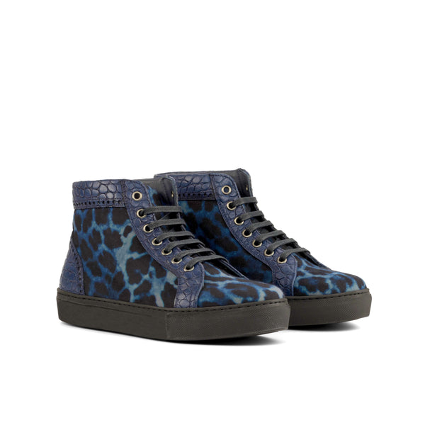 Ladies Alta Juega Sneaker -  Blue Leopard Velvet Fabric detailed with Hand Painted Navy Blue Croco Embossed Calf Leather