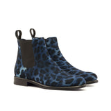 Ladies Chelsea Boot in Leopard Blue Sartorial Fabric detailed with Back Strap in Black Kid Suede Calf Leather