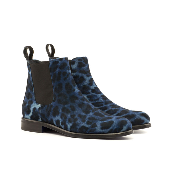 Ladies Chelsea Boot in Leopard Blue Sartorial Fabric detailed with Back Strap in Black Kid Suede Calf Leather