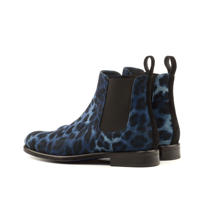 Ladies Chelsea Boot in Leopard Blue Sartorial Fabric detailed with Back Strap in Black Kid Suede Calf Leather