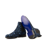 Ladies Chelsea Boot in Leopard Blue Sartorial Fabric detailed with Back Strap in Black Kid Suede Calf Leather