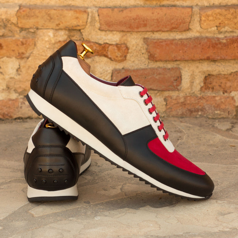 Gentlemen Romeo Sneaker -  Hand Painted Black Calf Leather with White & Red Kid Suede