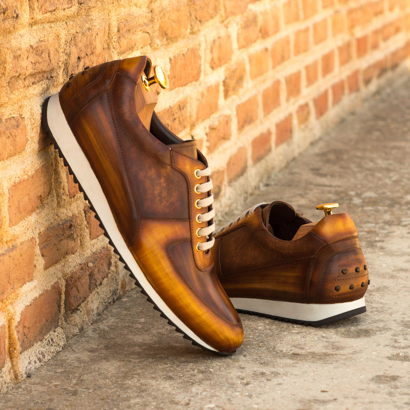 Gentlemen Romeo Sneaker -  Hand Painted Cognac & Brown Patina in Calf Leather