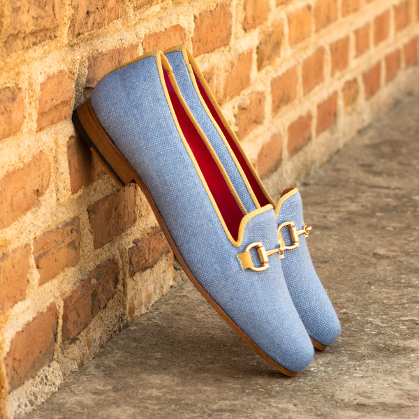 Ladies Rosa Slip On in Blue Linen Fabric detailed with Gold Metal Bit