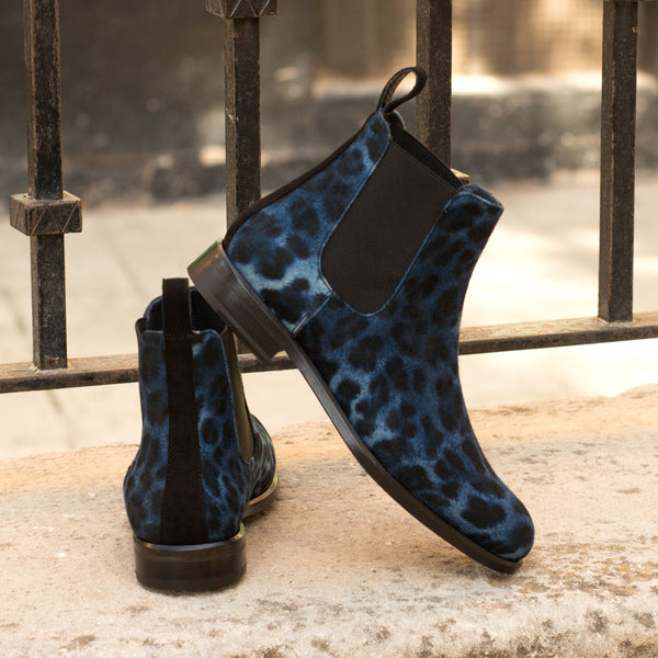 Ladies Chelsea Boot in Leopard Blue Sartorial Fabric detailed with Back Strap in Black Kid Suede Calf Leather