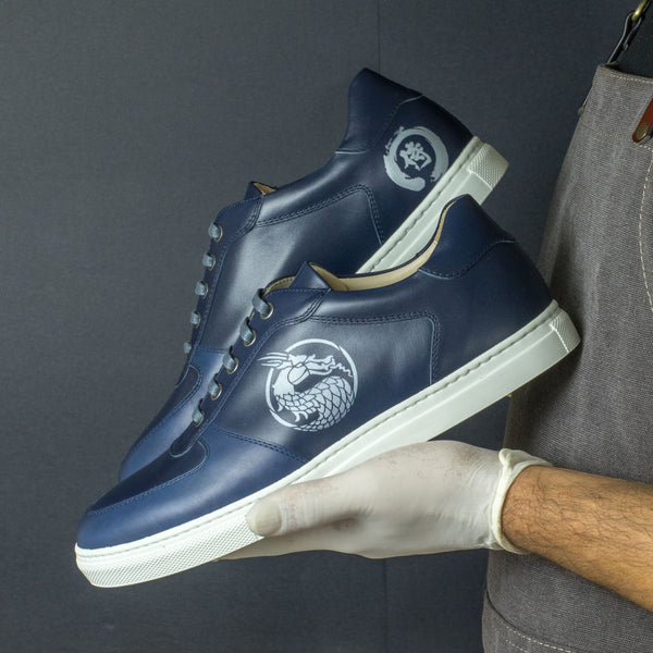 Gentlemen's & Young Adult - Activo Basico Sneaker - Hand Painted Navy Blue Box Calf Leather & Hand Painted Dark Blue Calf Leather with Stencil Art