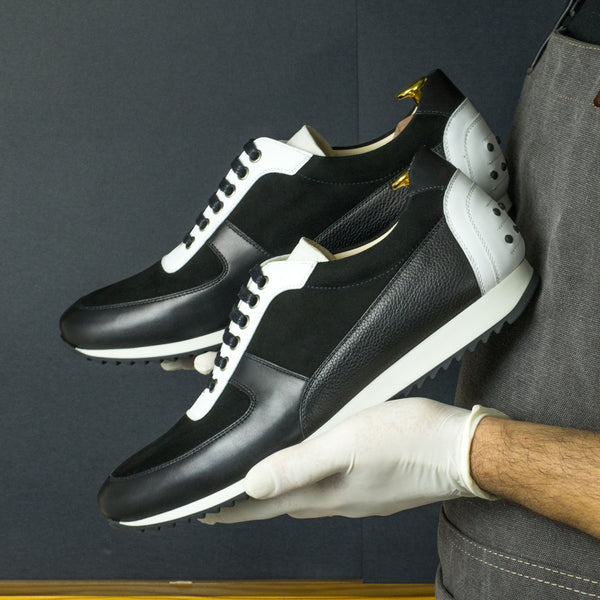 Gentlemen Romeo Sneaker -  Hand Painted Black & White Calf Leather with White & Black Kid Suede
