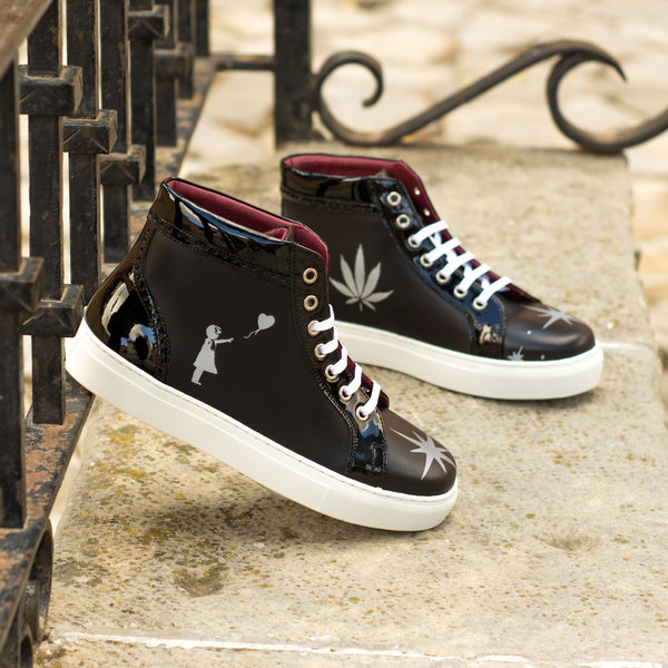 Ladies Alta Juega Sneaker -  Hand Painted Black Box Calf Leather with Black Patent Calf Leather & Stencil Art