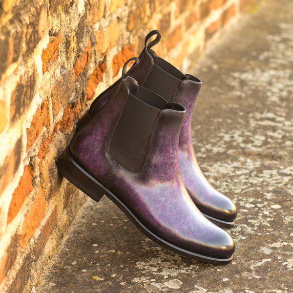 Ladies Chelsea Boot in Hand Painted Purple Patina Calf Leather detailed with Back Strap in Black Kid Suede Calf Leather