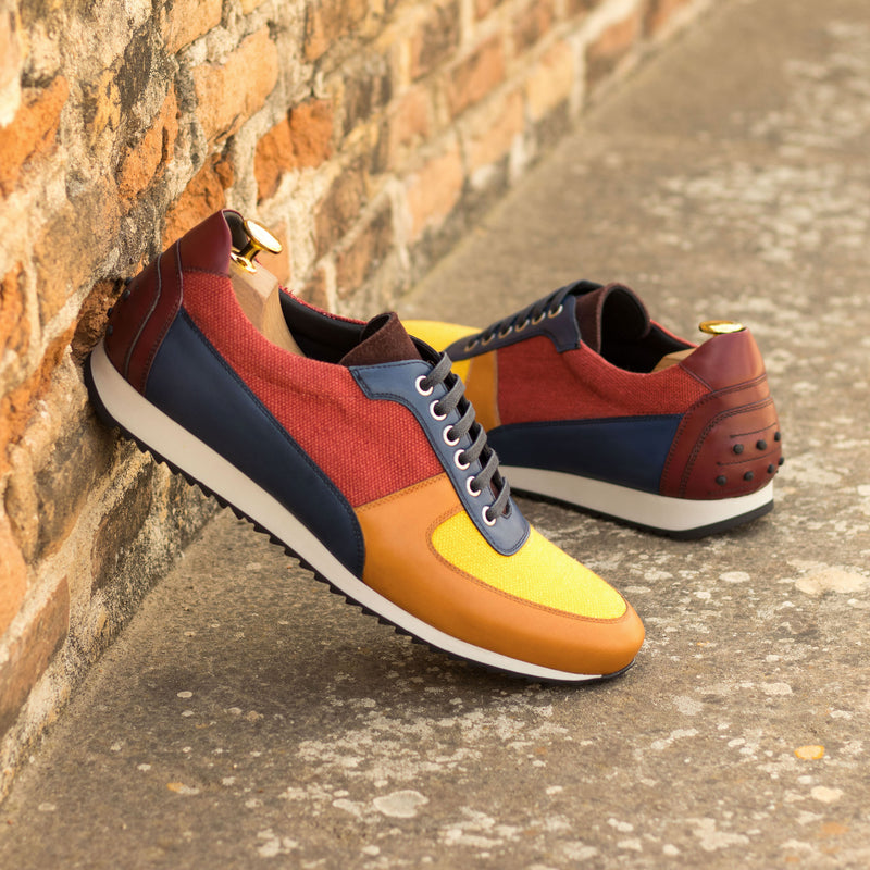 Gentlemen Romeo Sneaker -  Hand Painted Cognac & Burgundy & Navy Blue Calf Leather with Red & Mustard Linen