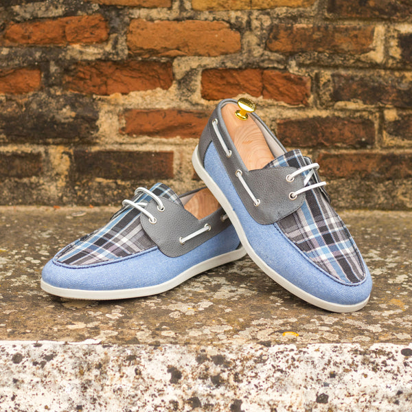 Gentlemen Oceano Boat Classic in Blue Linen Fabric combined with Grey & Blue Wool Plaid Sartorial Fabric and Hand Painted Grey Full Grain Calf Leather