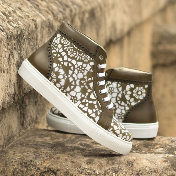 Ladies Alta Juega Sneaker -  Hand Painted Olive Calf Leather with Stencil Art