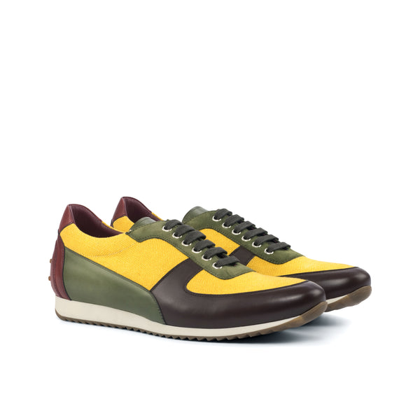 Gentlemen Romeo Sneaker -  Hand Painted Dark Brown & Olive & Red Calf Leather with Mustard Linen