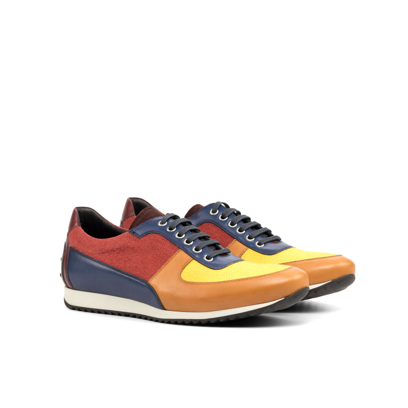 Gentlemen Romeo Sneaker -  Hand Painted Cognac & Burgundy & Navy Blue Calf Leather with Red & Mustard Linen