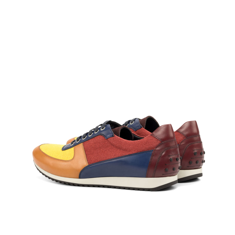 Gentlemen Romeo Sneaker -  Hand Painted Cognac & Burgundy & Navy Blue Calf Leather with Red & Mustard Linen