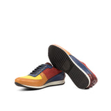 Gentlemen Romeo Sneaker -  Hand Painted Cognac & Burgundy & Navy Blue Calf Leather with Red & Mustard Linen