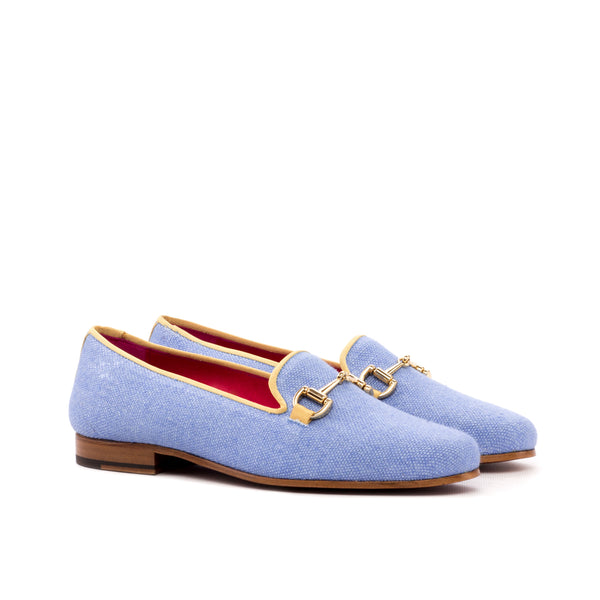 Ladies Rosa Slip On in Blue Linen Fabric detailed with Gold Metal Bit