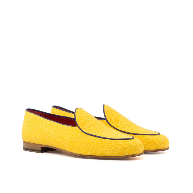 Gentlemen Barcelona Slip On - Mustard Linen with Trim in Hand Painted Navy Blue Calf Leather