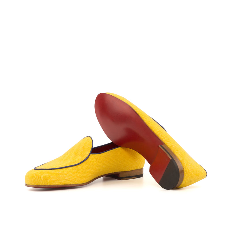 Gentlemen Barcelona Slip On - Mustard Linen with Trim in Hand Painted Navy Blue Calf Leather