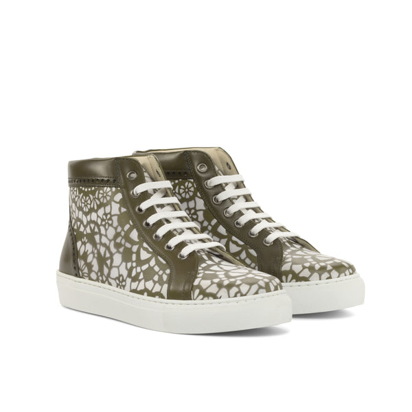Ladies Alta Juega Sneaker -  Hand Painted Olive Calf Leather with Stencil Art